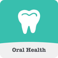 Teal square with a white tooth icon and 'Oral Health' text on a gray background