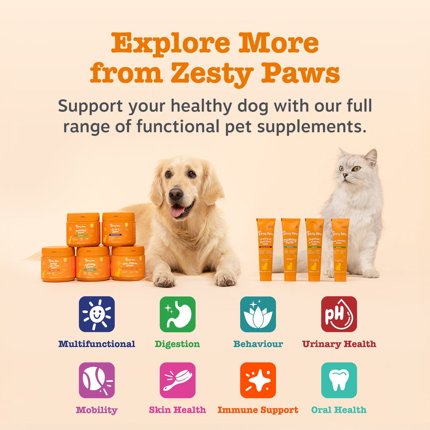 Explore full range of functional pet supplements: Multifunctional, Digestion, Behaviour, Urinary Health, Mobility, Skin Health, Immune Support and Oral Health.
