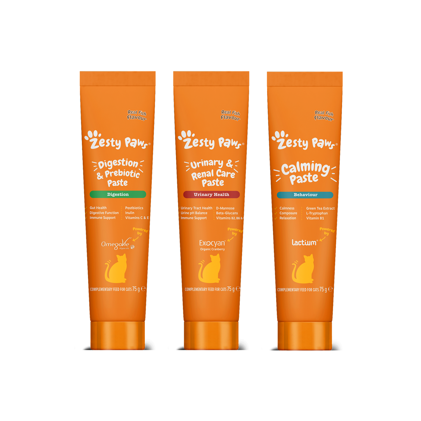 Three tubes of Zesty Paws pet care products on a white background