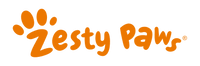 Orange logo of "zesty paws" featuring a paw print above the letter 'z' in "zesty" and registered trademark symbol next to "paws".
