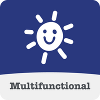Logo with a stylised sun icon and white 'Multifunctional' label on a blue background.
