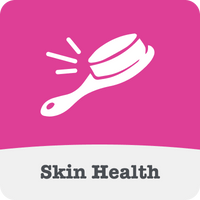 White hairbrush icon on a pink background labeled with 'Skin Health'.