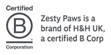 Logo of Certified B Corporation with text stating "Zesty Paws is a brand of H&H UK, a certified B Corp." on a white background.