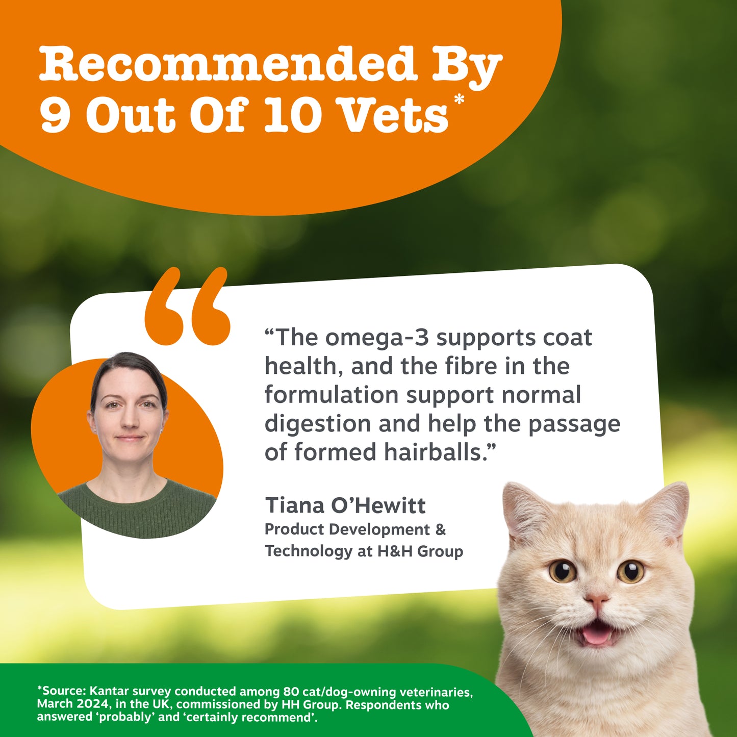 Cat with a testimonial from a vet about omega-3 support, on a green background