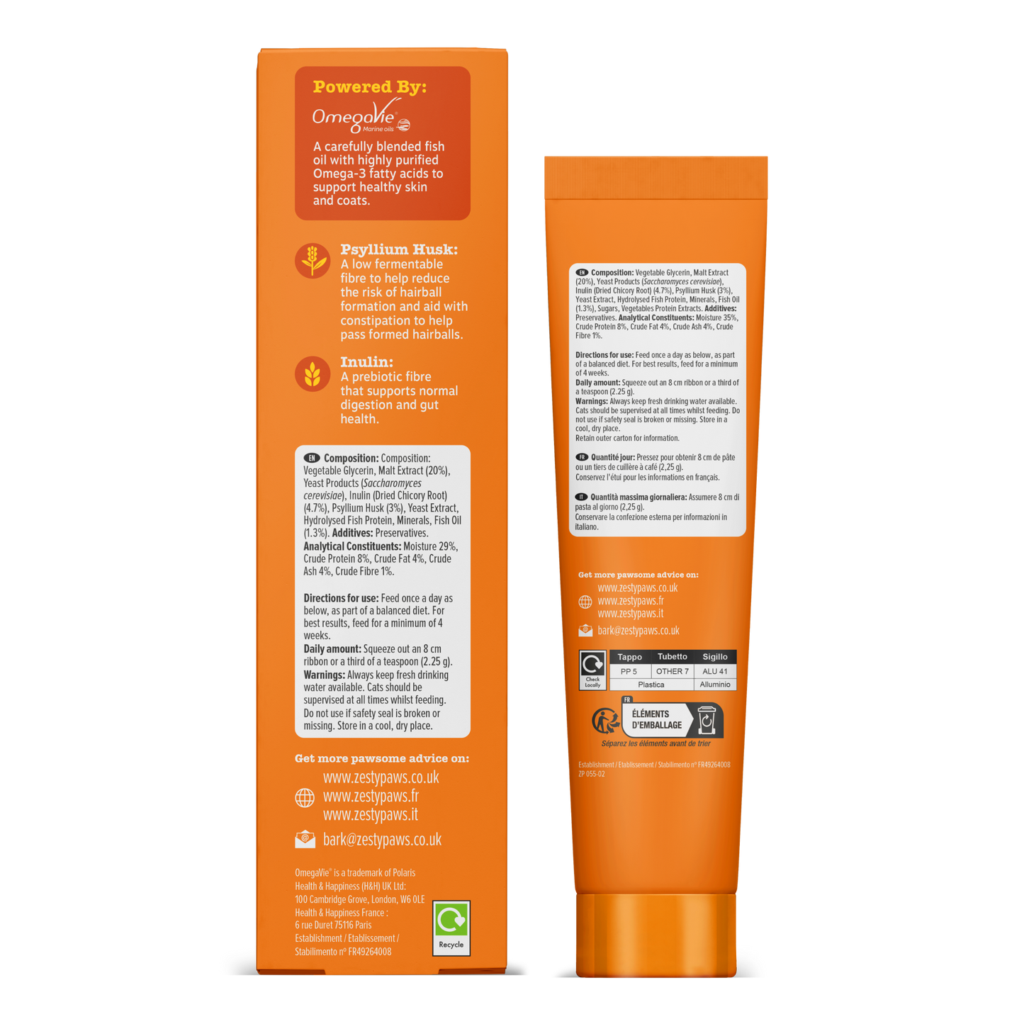 Orange product packaging with ingredients on a white background