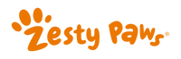 Orange logo of "zesty paws" featuring a paw print above the letter 'z' in "zesty" and registered trademark symbol next to "paws".